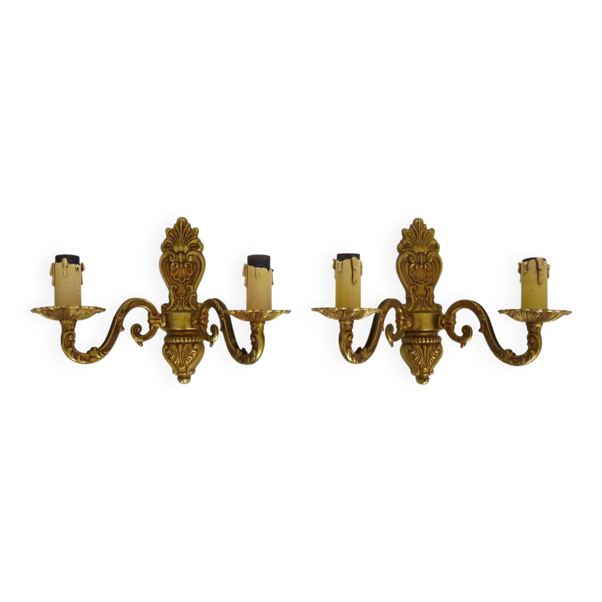 Old pair of double-light brass wall sconces. 60s