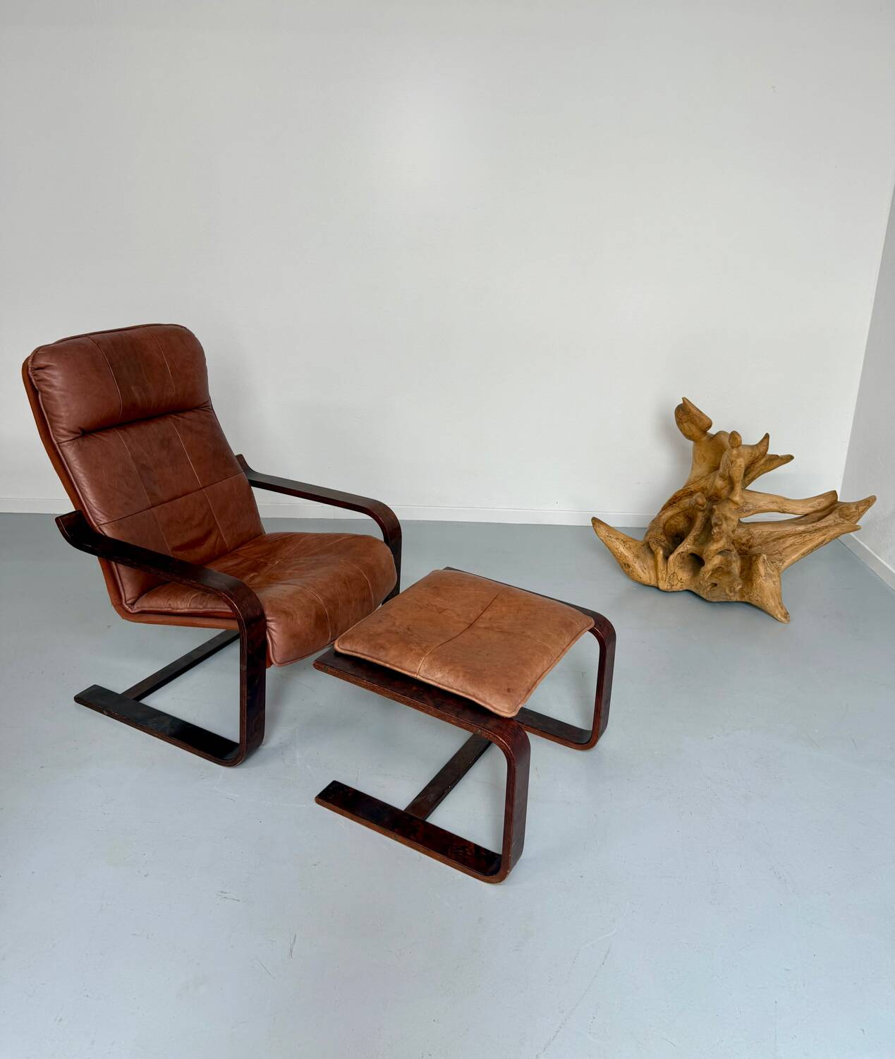 Yngve Ekström 70 Scandinavian design armchair with leather and wood ottoman