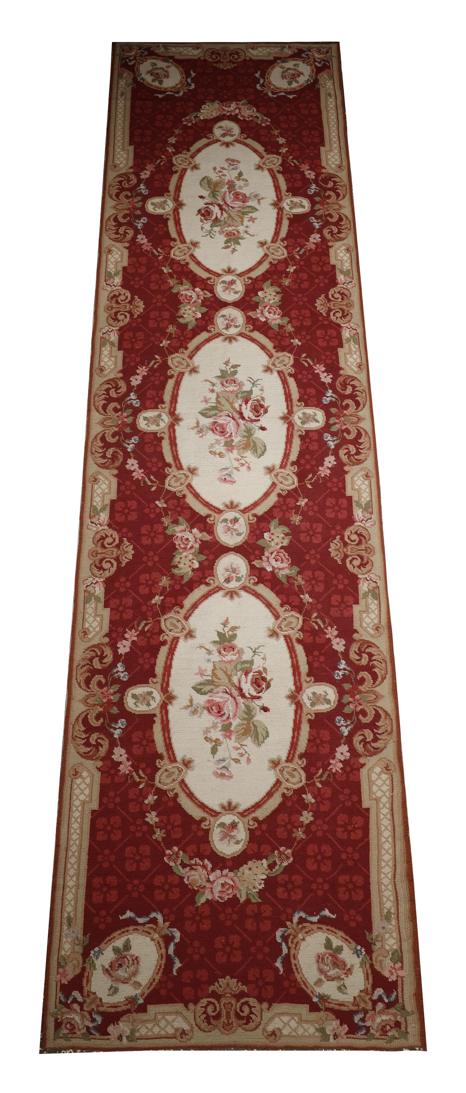 Long traditional needlepoint rug handwoven wool floral red runner rug-76x305cm
