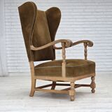 1970s, Scandinavian highback armchair, furniture corduroy, carved oak wood.