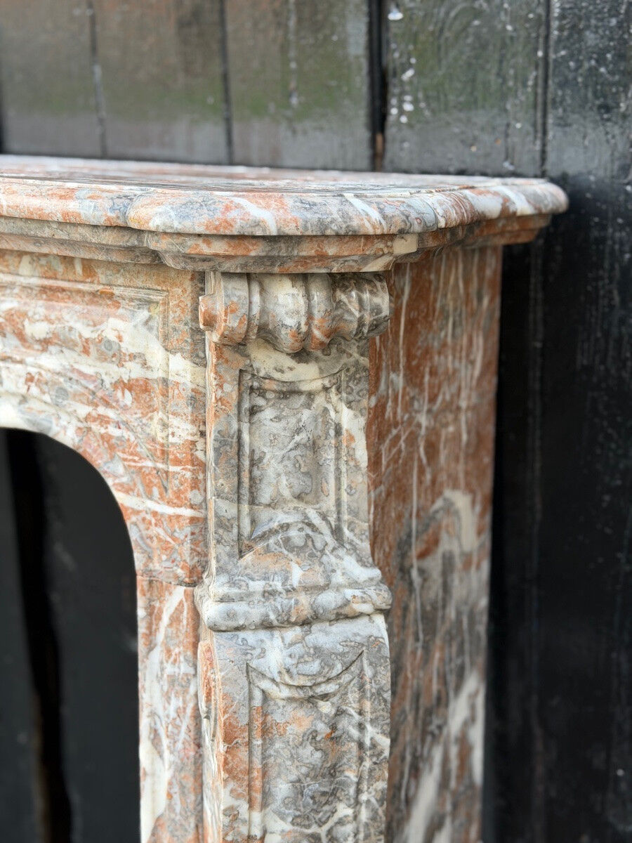 Louis XV style fireplace in grey Ardennes marble, circa 1900.