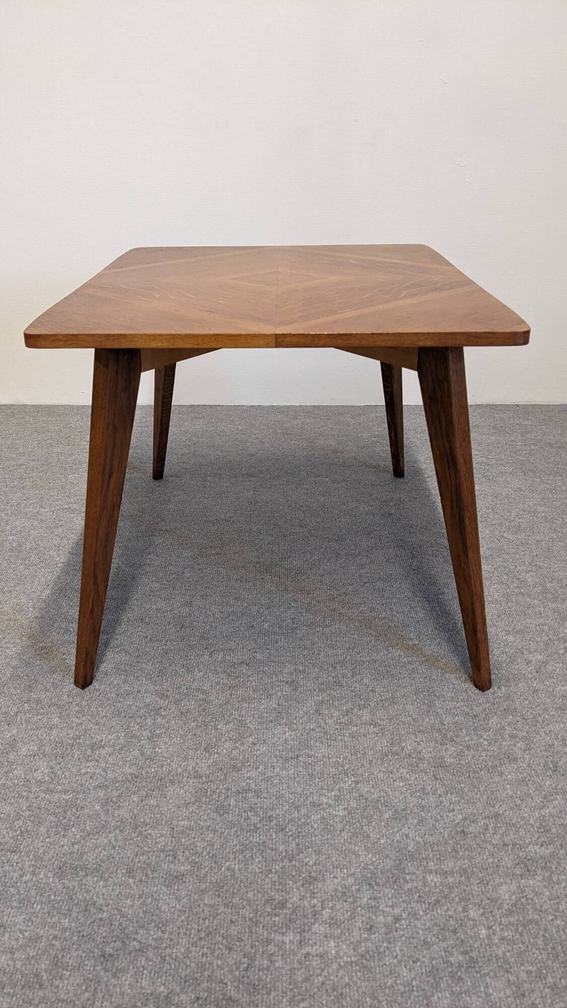 Modernist coffee or side table in oak marquetry, France 1960.