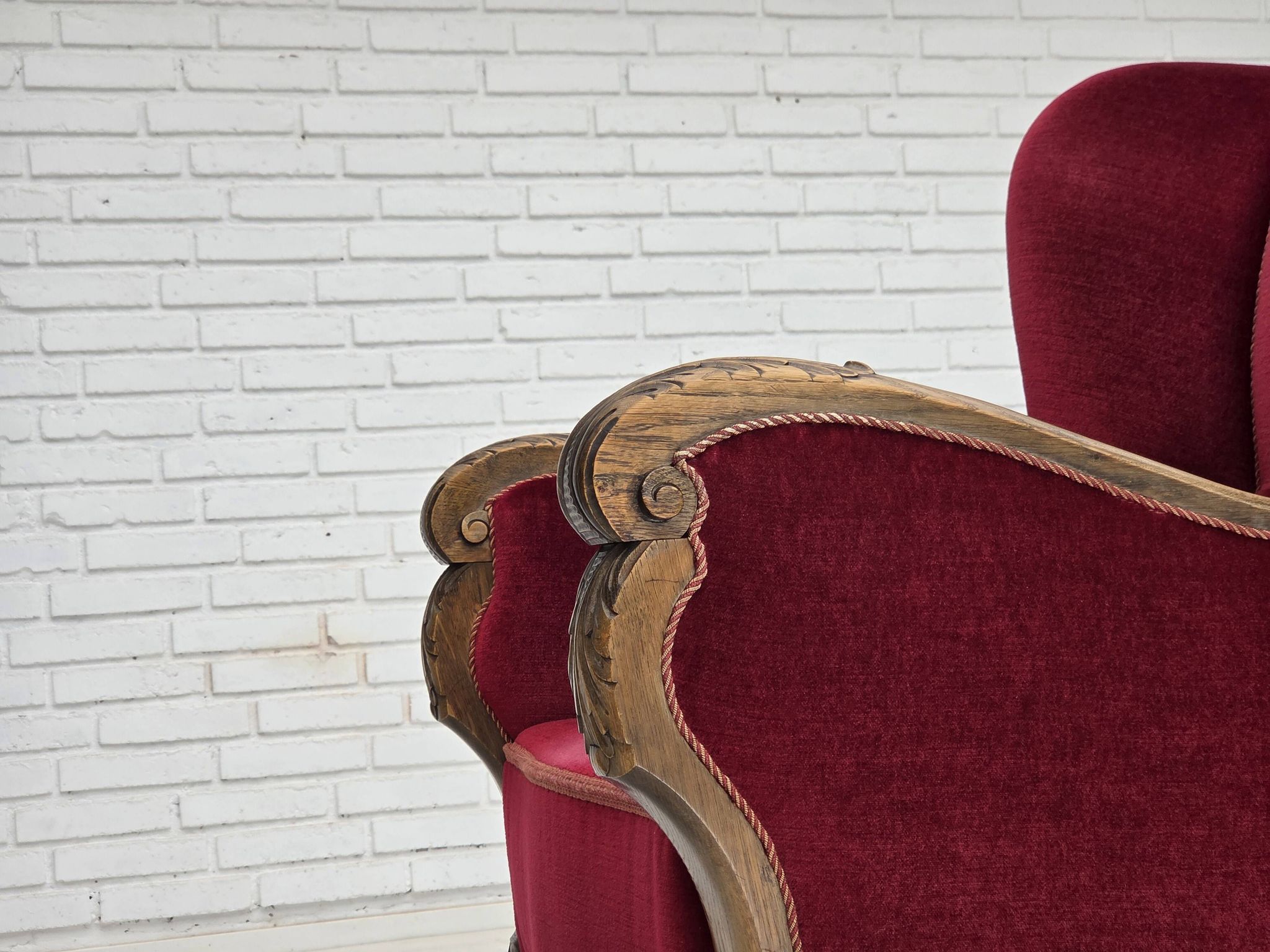 1960s, Danish relax chair, cherry-red furniture velour, oak wood.