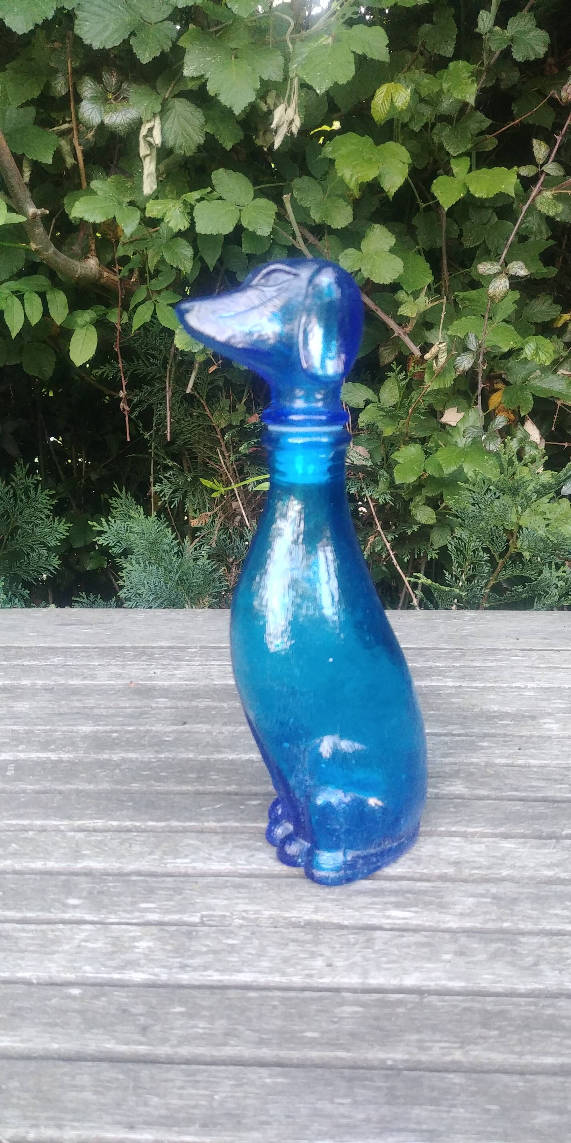 Carafe in the shape of a dog in vintage Empoli blue glass