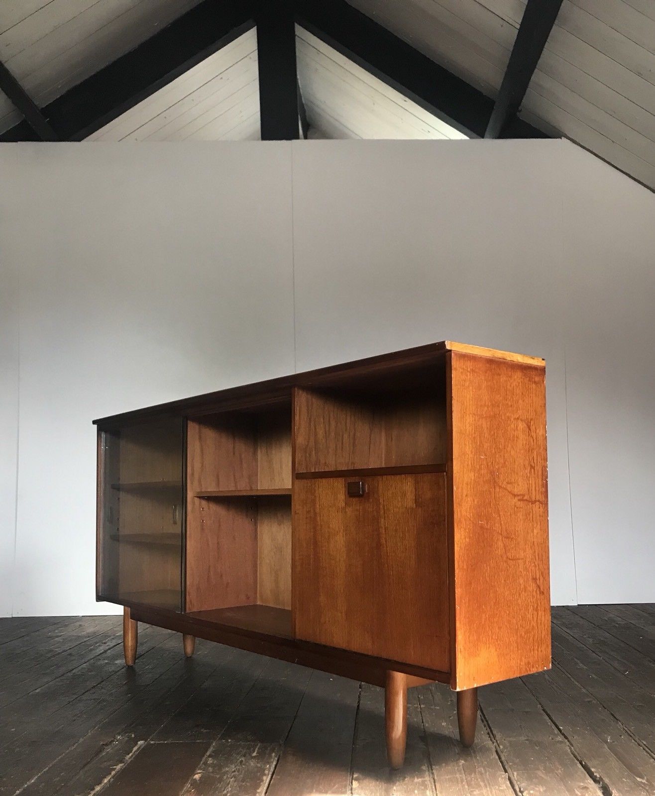 Row / teak, part glass, Mid century Scandinavian buffet