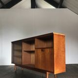 Row / teak, part glass, Mid century Scandinavian buffet