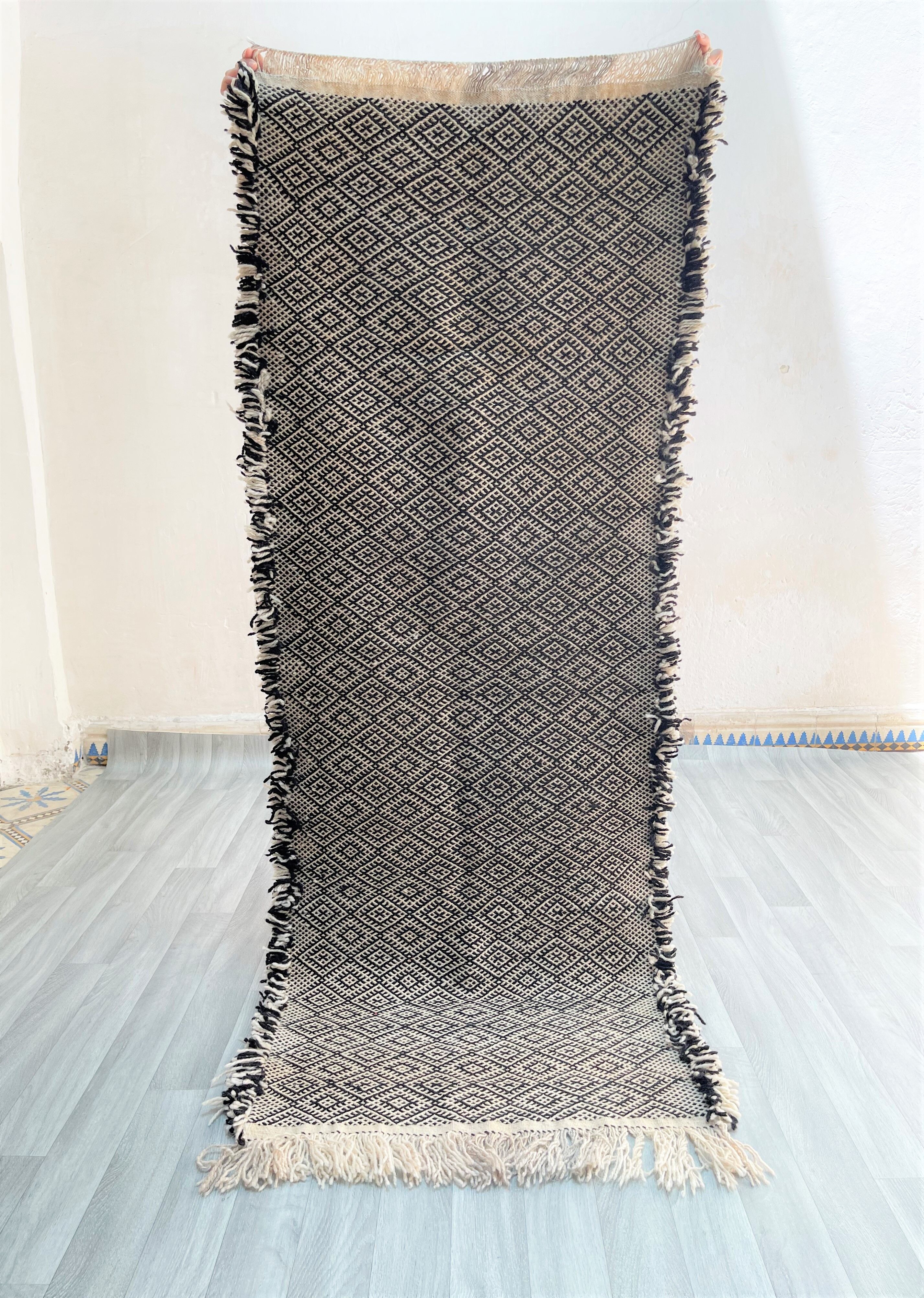 Zanafi Runner Rug, handmade Moroccan rug, flat Berber wool runner, geometric rug.