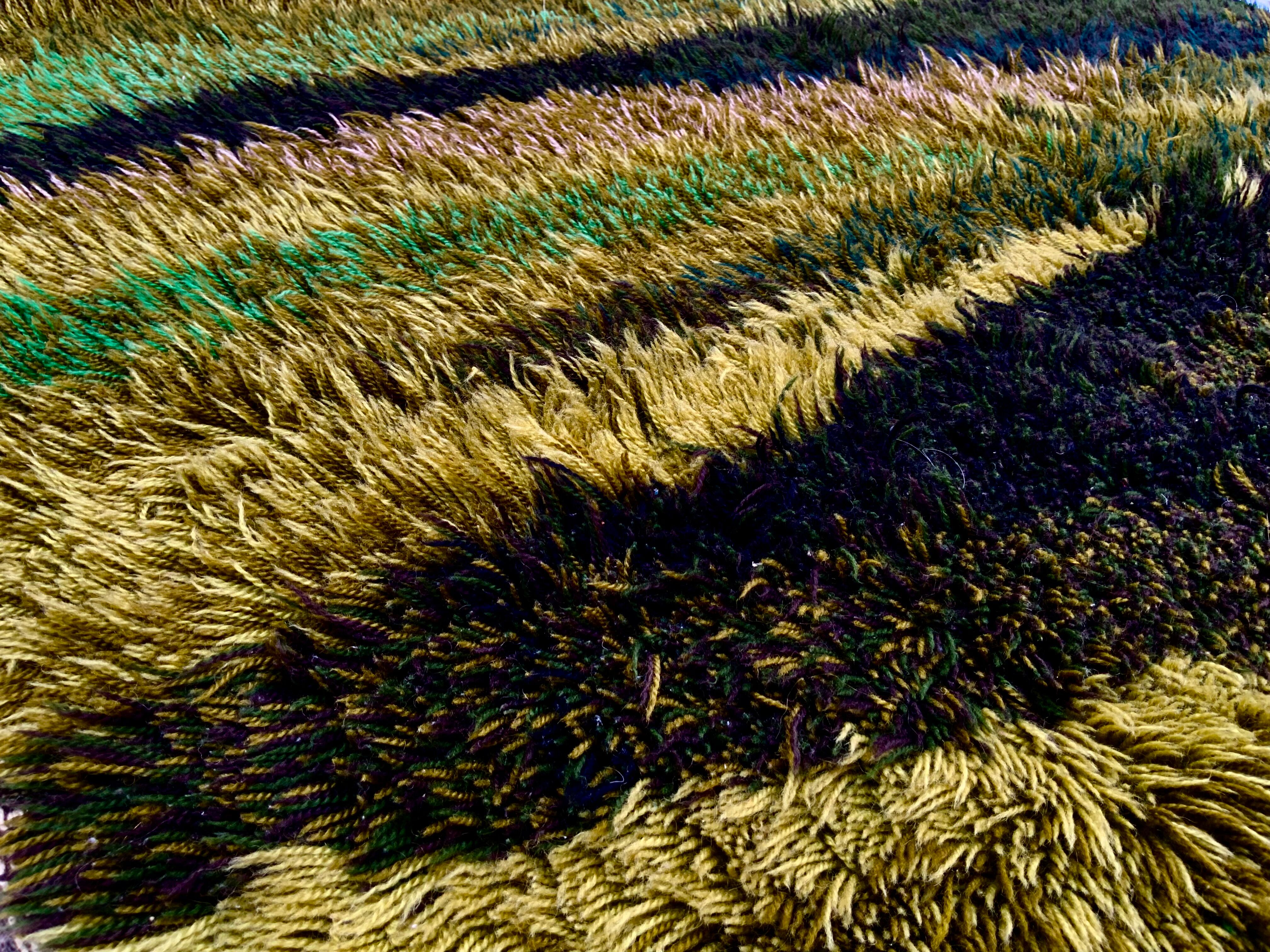 Green scandinavian modernist design wool rya rug woven handmade vintage 1960s