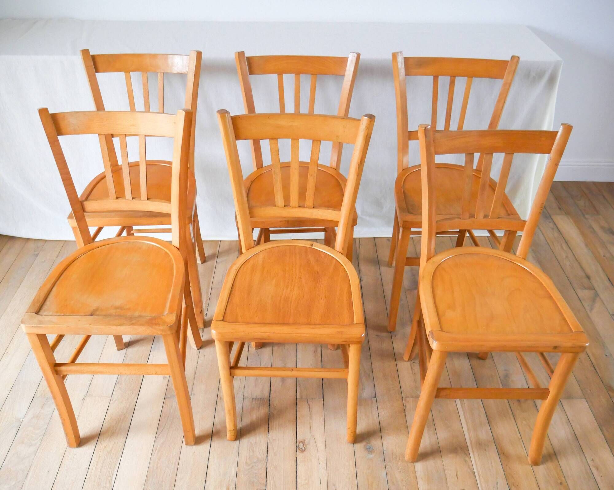 Set of 6 bistro chairs in blond wood luterma 1950