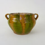 Glazed terracotta pot with 4 yellow and green handles. Flower pot