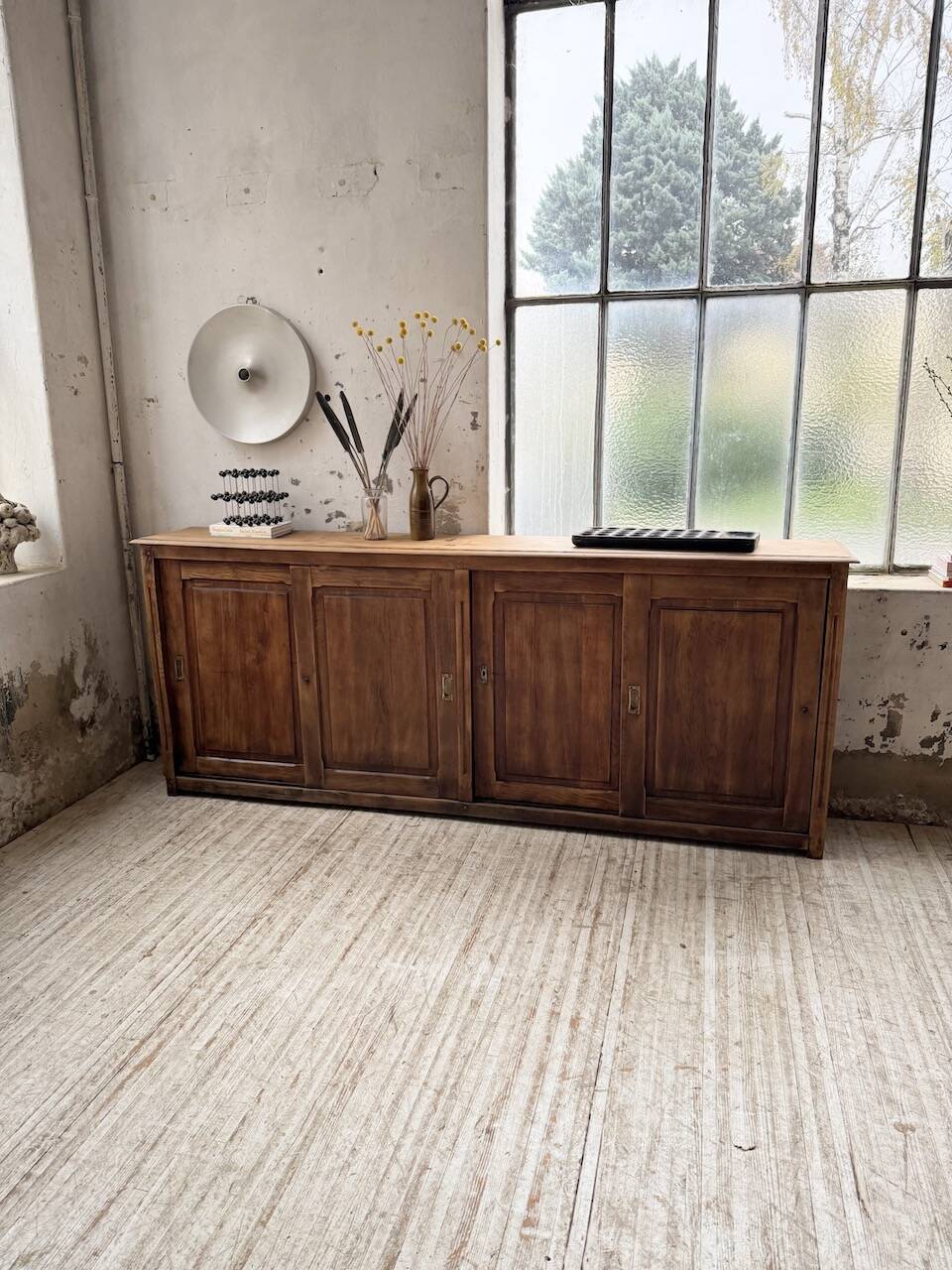 XL oak workshop sideboard with sliding doors from 1900