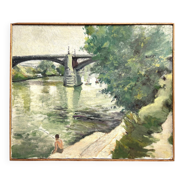 Oil on panel, Fisherman on the Marne, M. Tassart. 1955