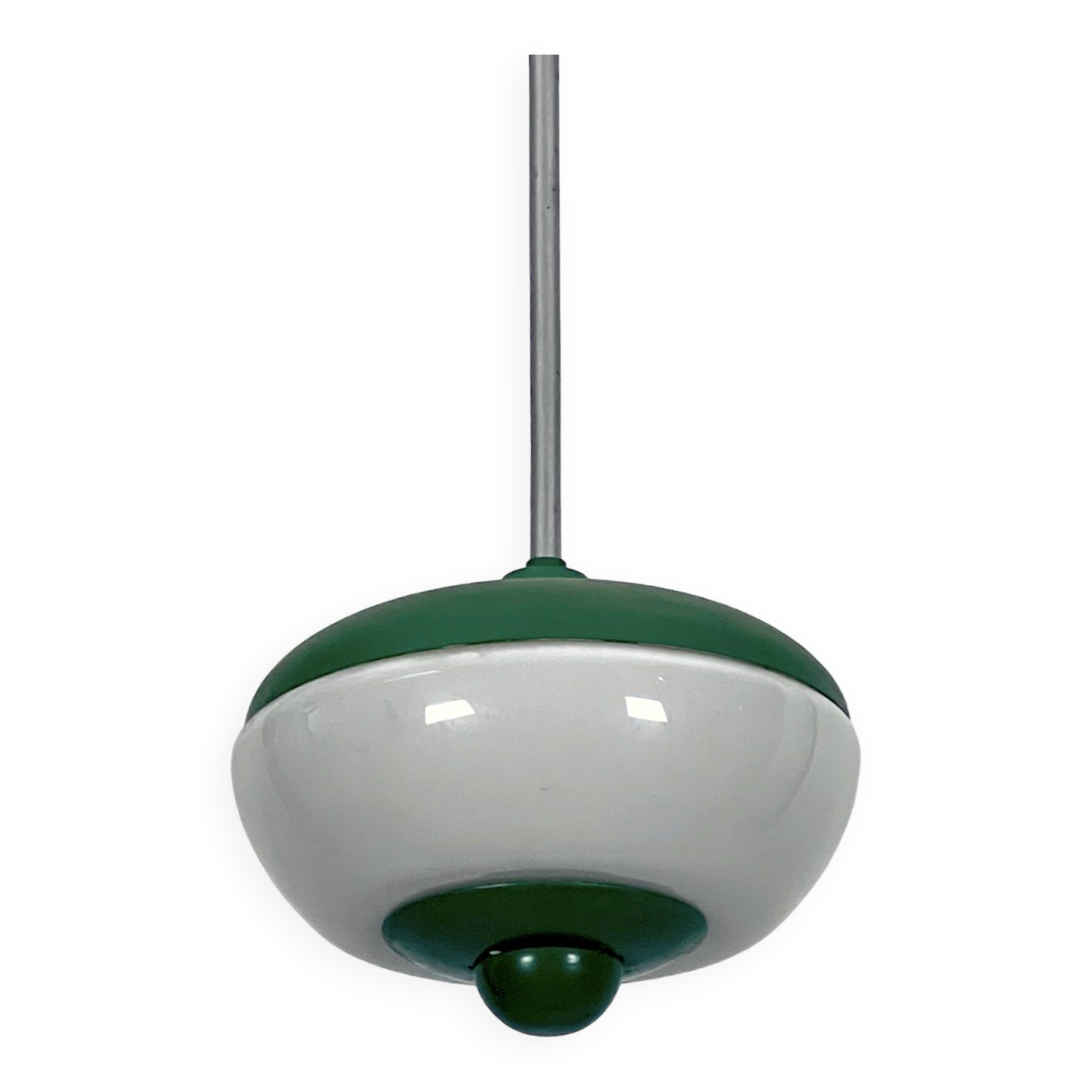 Mid-Century green lacquer and milk glass pendant. Italy 1950s