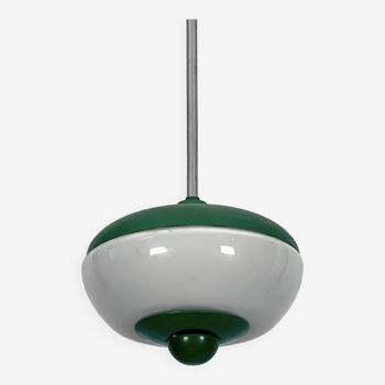 Mid-Century green lacquer and milk glass pendant. Italy 1950s