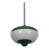 Mid-Century green lacquer and milk glass pendant. Italy 1950s