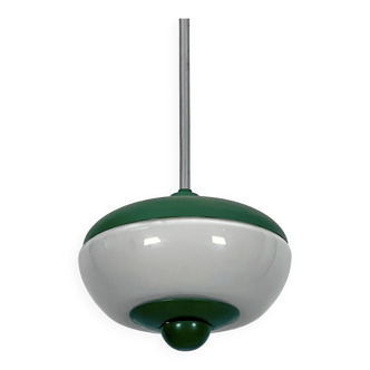 Mid-Century green lacquer and milk glass pendant. Italy 1950s