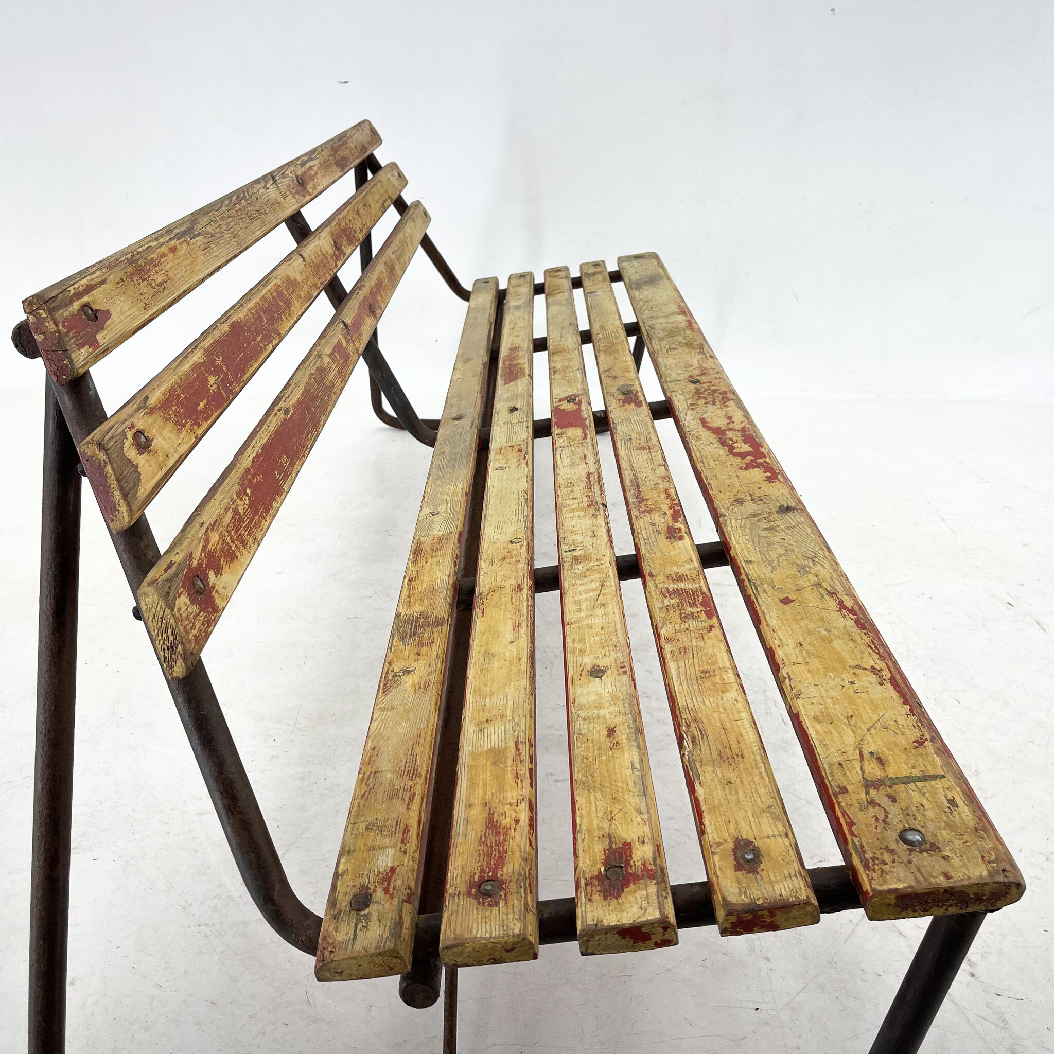 Vintage Industrial Slatted Bench with Original Patina