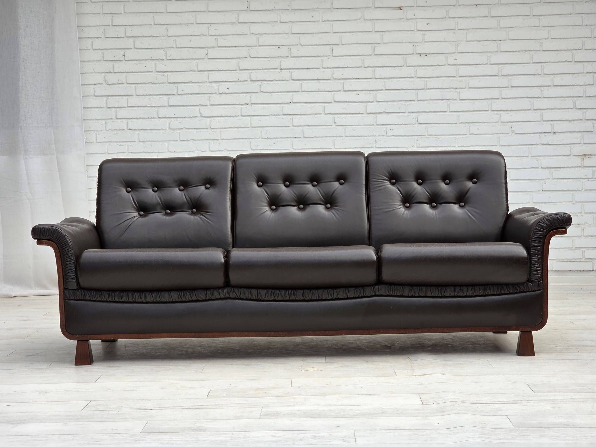 1970s, Scandinavian 3-seater sofa, furniture leather, teak wood legs.