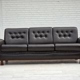 1970s, Scandinavian 3-seater sofa, furniture leather, teak wood legs.