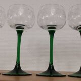 Set of 4 old green-stemmed wine glasses from Alsace Engraved vine decoration ARC cristal