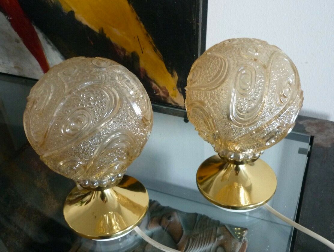 Pair of bedside lamps, brass and molded glass, 1950