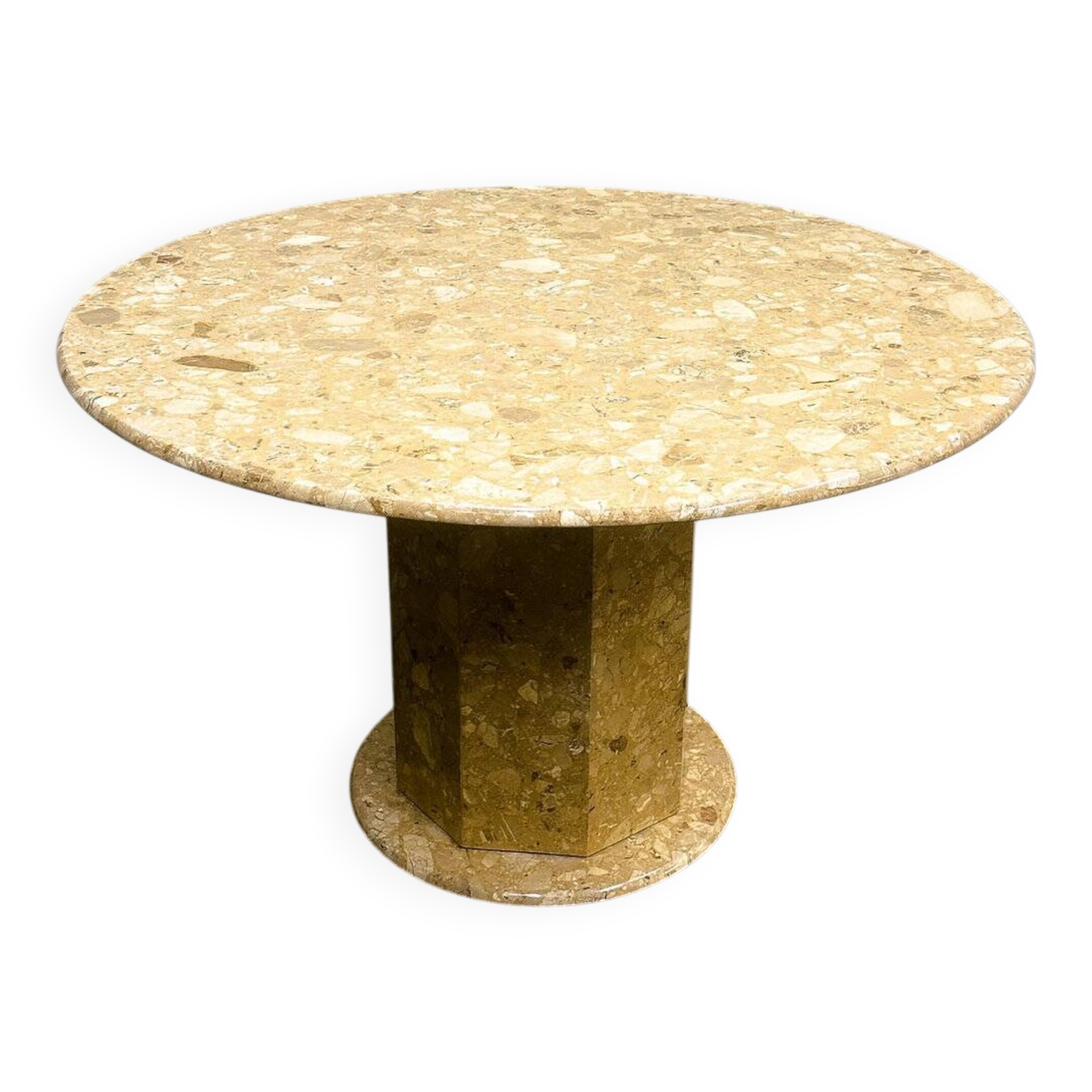 Round breccia marble pedestal table | 1980s vintage stone dining table | Postmodern