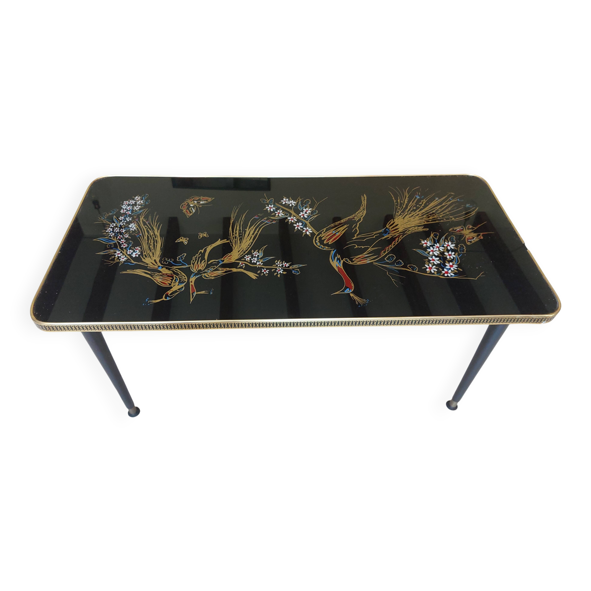 Japanese patterned coffee table, tapered legs and brass, vintage.