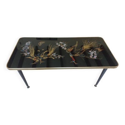 table basse au motif japonais, pieds fuseaux et laiton, vintage