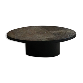 Round brutalist coffee table in stone and steel, mid-century French modernism, 1970s.