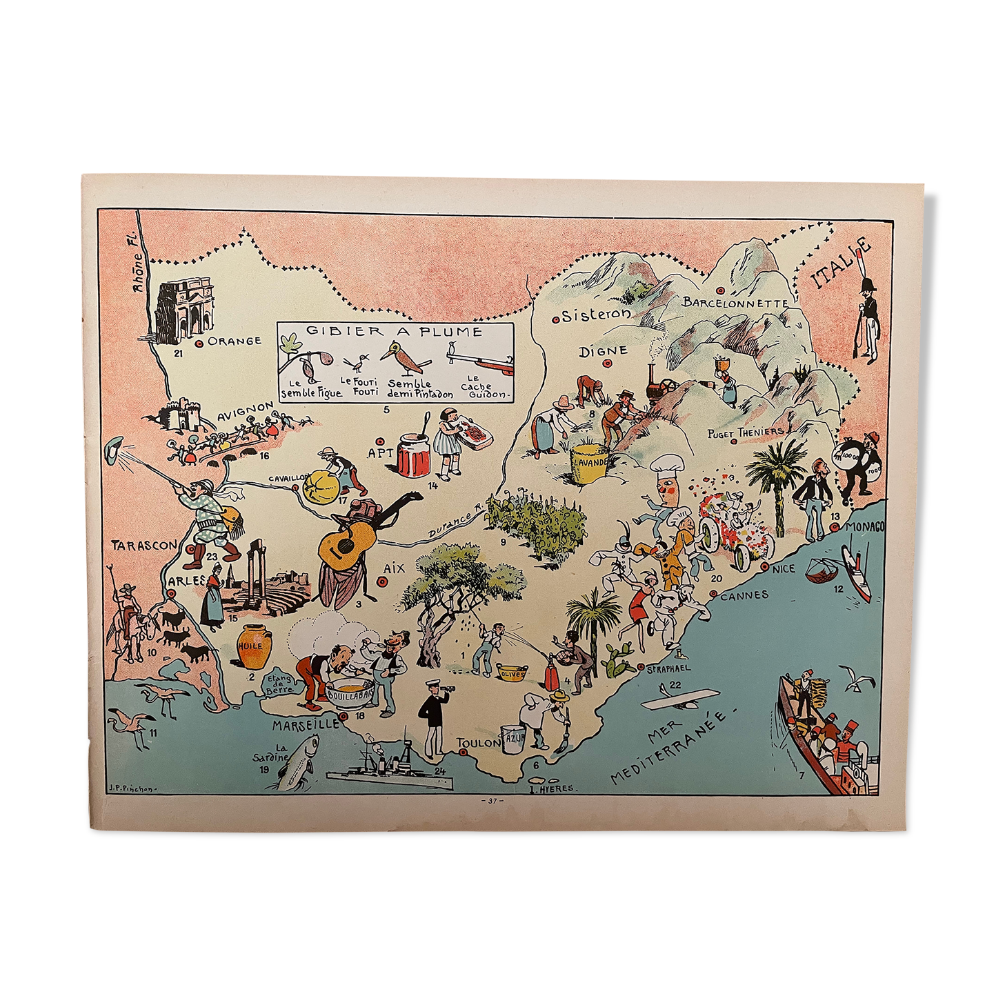 Affiche ancienne carte illustrée de la Provence - JP Pinchon