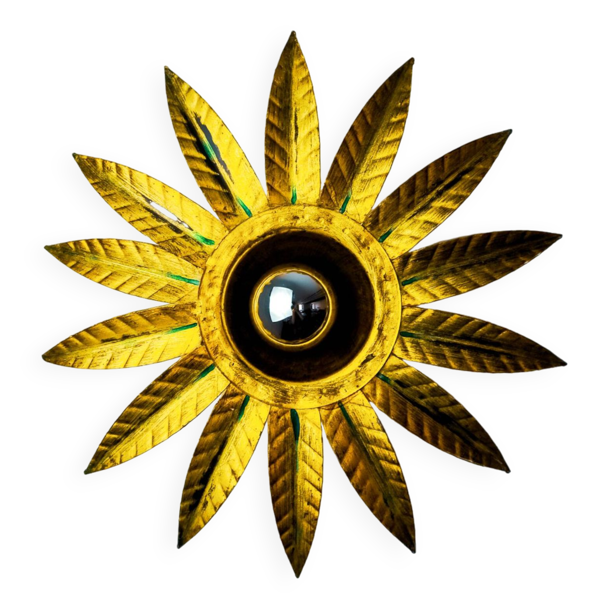 Brutalist sun wall lamp in gilded metal with gold leaf, Italy, 1970