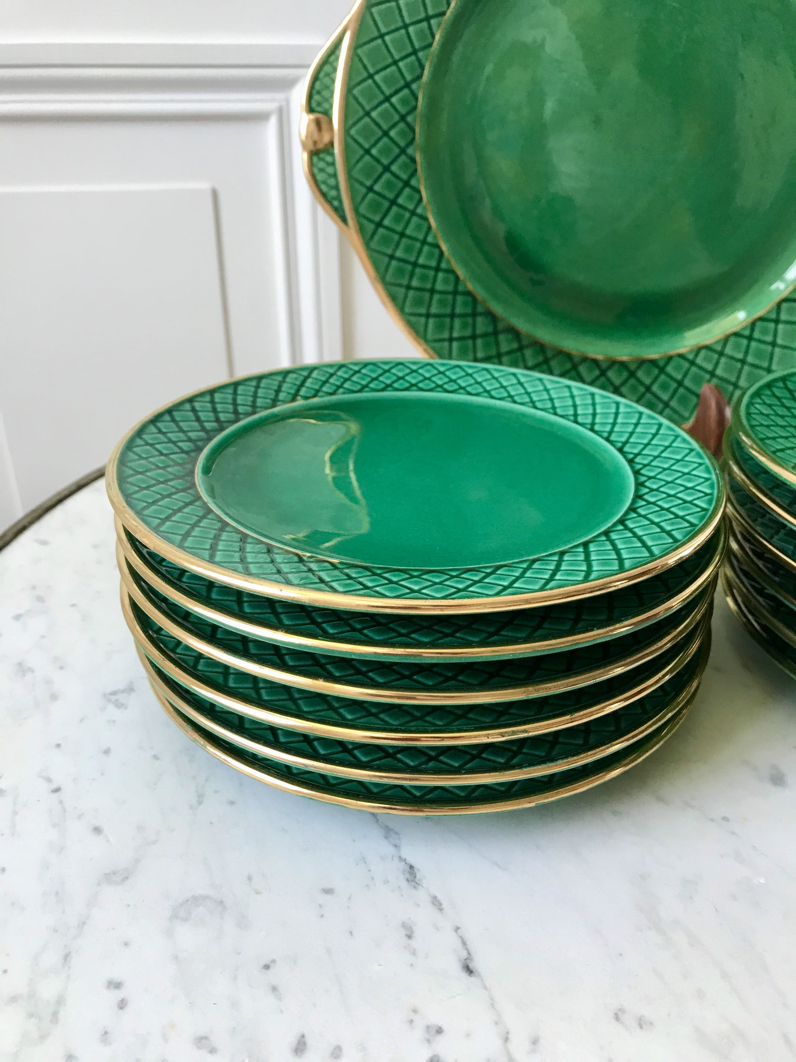 dessert service 12 dessert plates and a green and golden Art Deco cake dish 40s