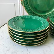 dessert service 12 dessert plates and a green and golden Art Deco cake dish 40s