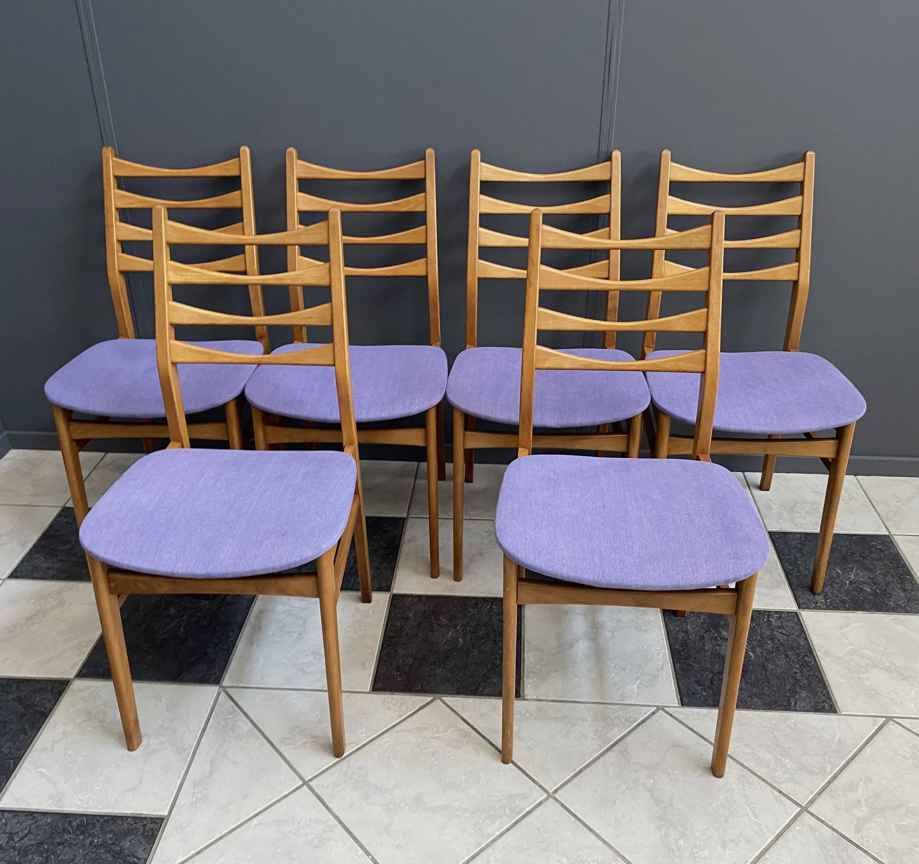 set of 6 kitchen chairs, wood and purple upholstery 1960s