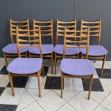 set of 6 kitchen chairs, wood and purple upholstery 1960s
