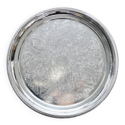 Plateau rond vintage en métal argenté brillant - Motif gravé
