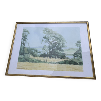 Watercolor painting, countryside scene, signed colin kirby green