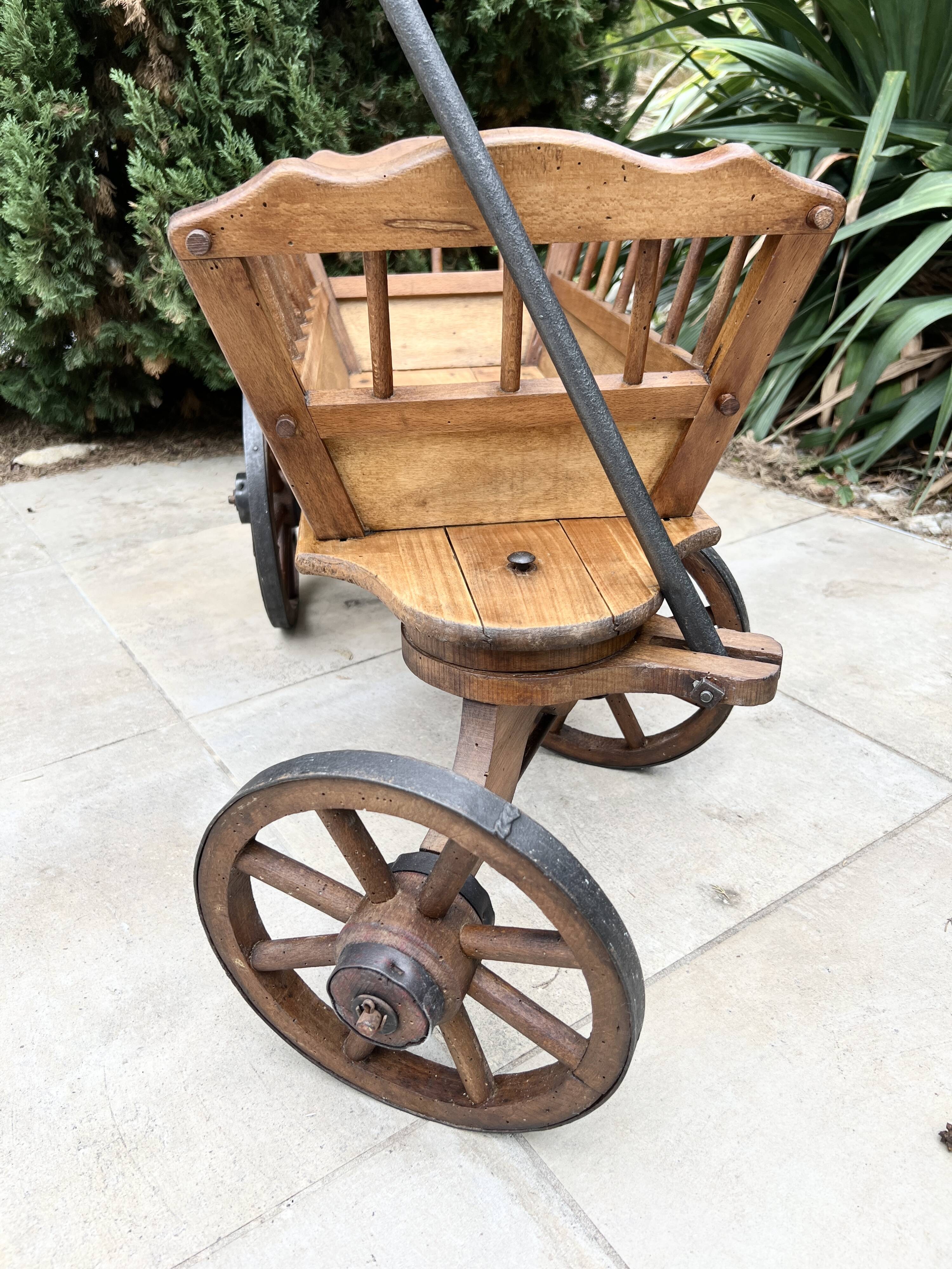 19th century cart in wood and wrought iron, garden cart, storage