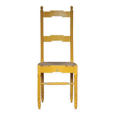 Chaise bois ancienne, chaise bois peinte jaune,chaise assise tressage osier