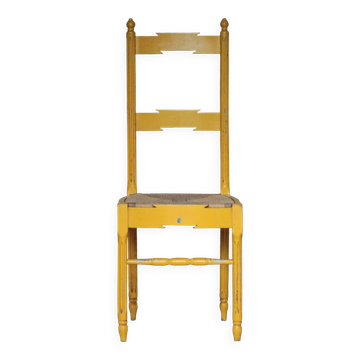 Chaise bois ancienne, chaise bois peinte jaune,chaise assise tressage osier