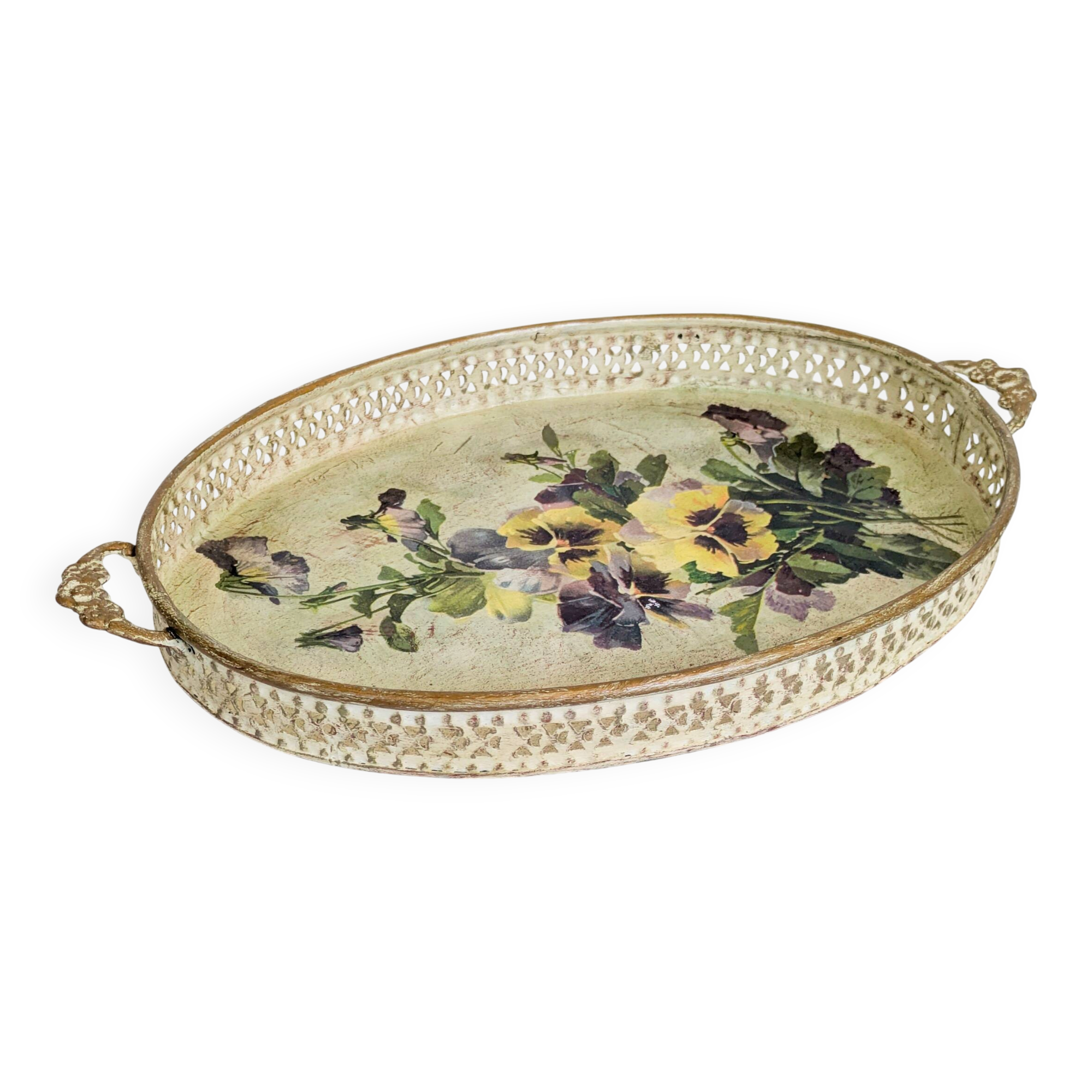 Oval metal decorative vintage tray with floral pattern.