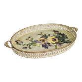 Plateau vintage décoratif métal découpage oval avec motif floral