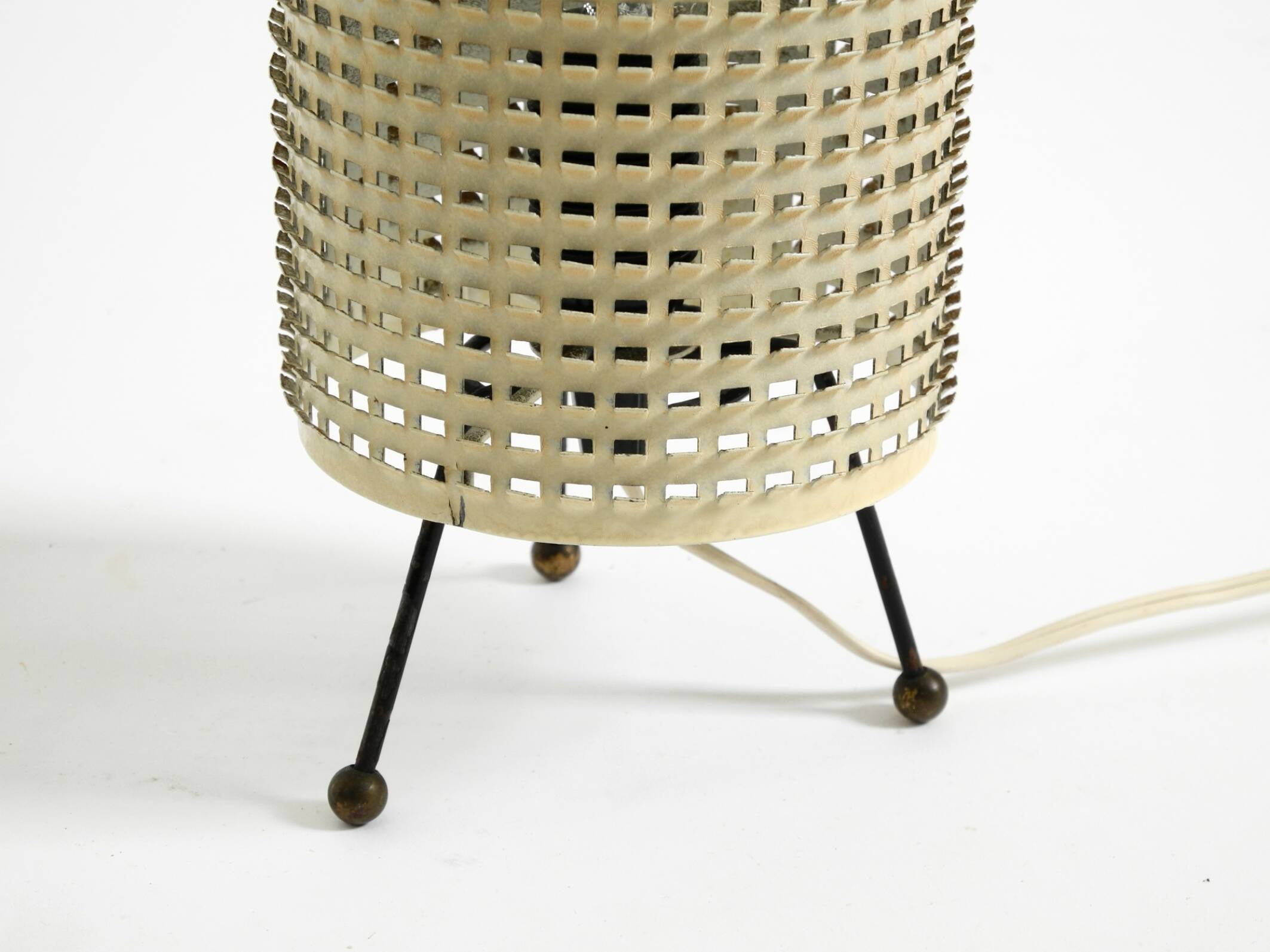 Original 1950s brass tripod table lamp with a perforated metal lampshade