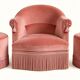 Set of crapaud armchair and 2 Napoleon III pink velvet poufs from the 19th century.