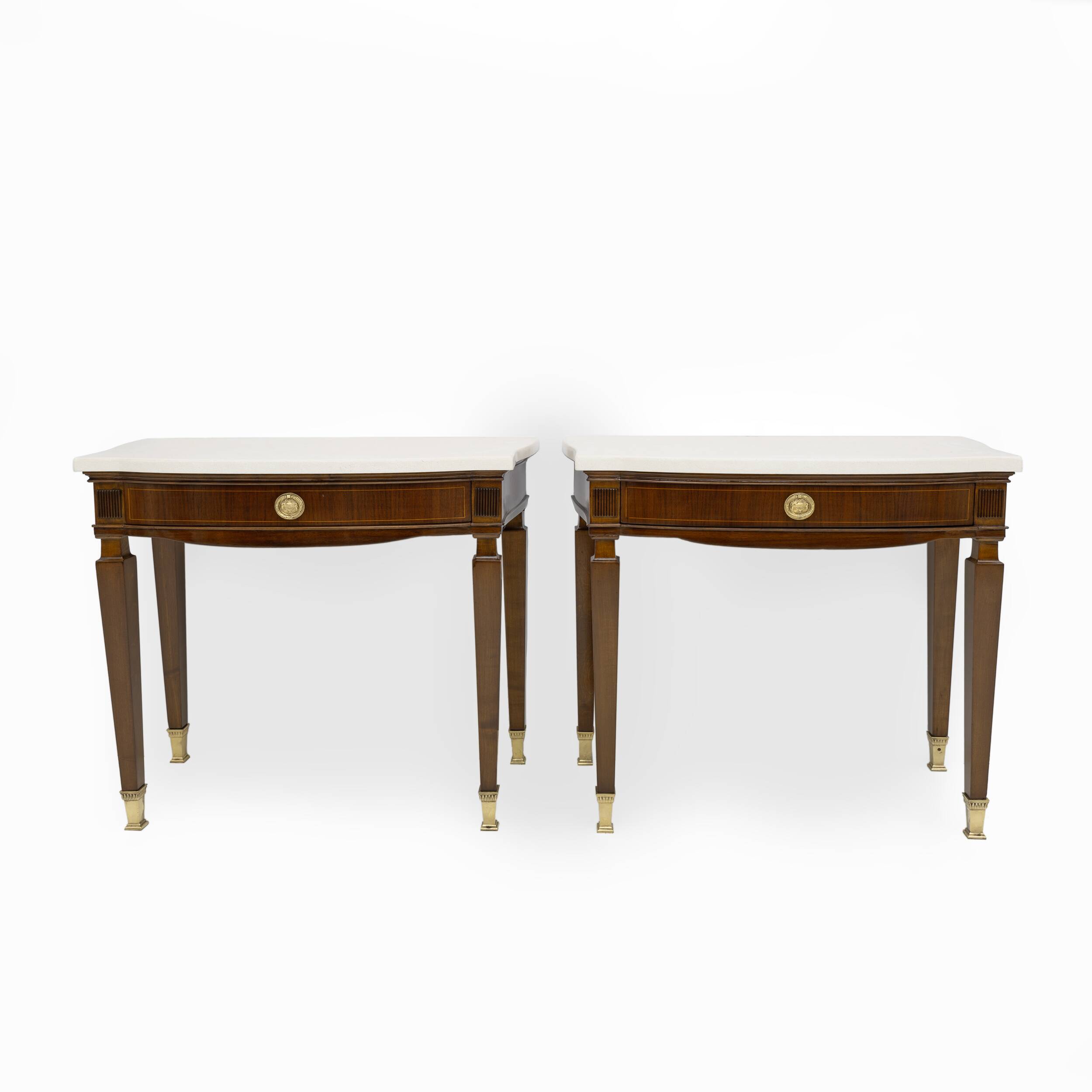 Pair of Neoclassical Style Marble and Mahogany Bedside Tables