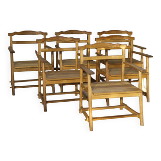 Set of six Brutalist solid oak armchairs 1960's