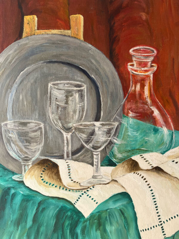 Nature morte, carafe et verres, huile sur carton signé Francine Dubois