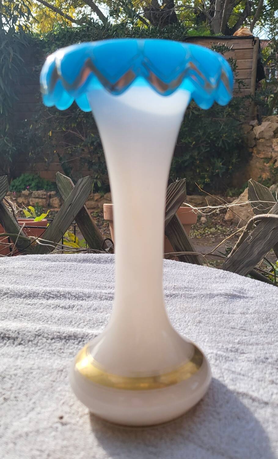 Vase in soapy opaline and flag blue corolla