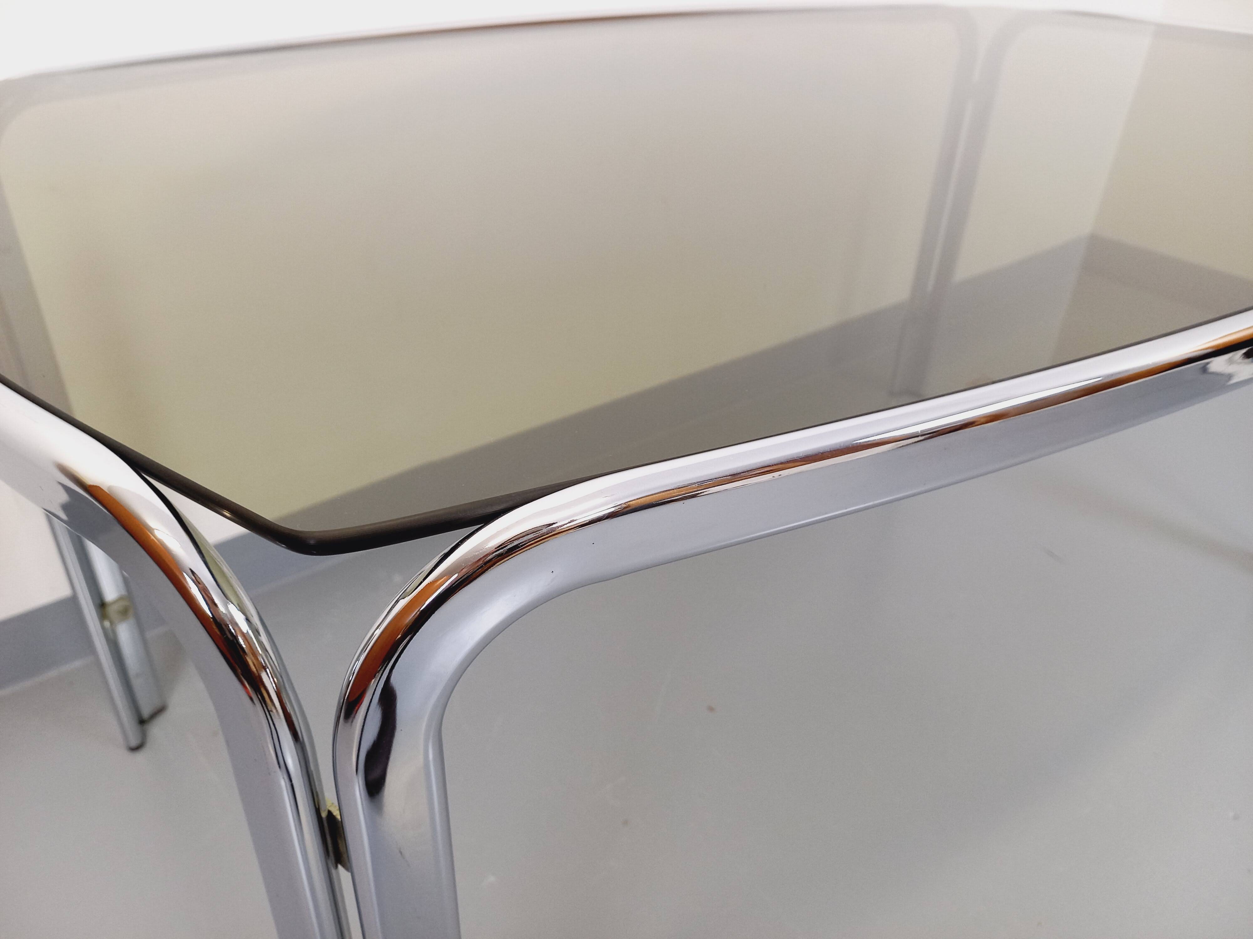 Vintage curved rectangular dining table in smoked glass and chrome metal