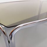 Vintage curved rectangular dining table in smoked glass and chrome metal